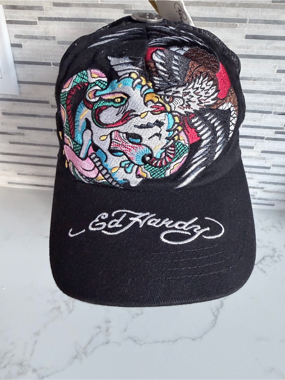 Vintage Adjustable Mens Womens Unisex Ed Hardy Black Battle Skull Trucker Hat